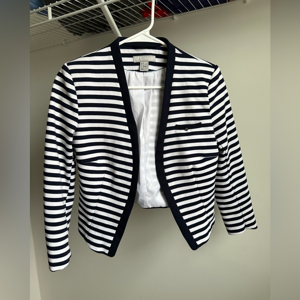 H&M Navy and White Striped Open-Front Blazer